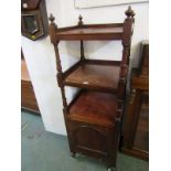 VICTORIAN WHATNOT, mahogany 3 tier square section whatnot with cupboard base & tapering baluster