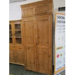 WAXED PINE TWIN DOOR WARDROBE with double cupboard top, 94" height 40" width