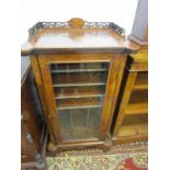 VICTORIAN WALNUT MARQUETRY MUSIC CABINET, glazed door with fretwork gallery, 23" width