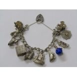 SILVER CHARM BRACELET, containing good selection of charms including Pasty, Hedgehog, Tall Ship,