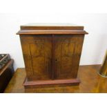 VICTORIAN SPECIMEN CABINET, inlaid walnut table top 2 door specimen cabinet enclosing 3 drawers, 13"