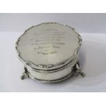 SILVER RING BOX, of circular form with presentation inscription to Dorothy Dobson, presented by