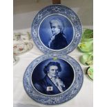 ROYAL BONN, pair of Delft portrait plates "Beethoven" and 1 other signed "van Kerk", 18" diameter