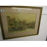 CHARLES BRINDLEY, signed watercolour dated 1890, "Houseboats on the River Thames" 10" x 14.5"