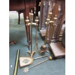 METALWARE, pair of brass fire companion stands with tools, together with 2 brass based table lamps