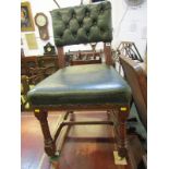 PUGINESQUE CHAIRS, a set of 5 "House of Commons" carved oak green leather button back dining chairs,