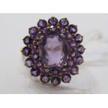 9ct YELLOW GOLD AMETHYST CLUSTER RING, principal oval cut amethyst surrounded by brilliant cut