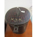 FASHION, antique painted tin hat box, initialled "S.A.B.", 10" height