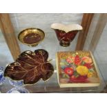 CARLTON ROUGE ROYALE VASE, sweetmeat dish, leaf shape dish and original boxed magnolia preserve dish