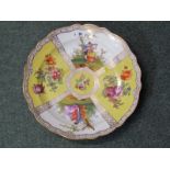 MEISSEN-STYLE CHARGER, gilt lobed edge 15" charger decorated with alternating panels of courting