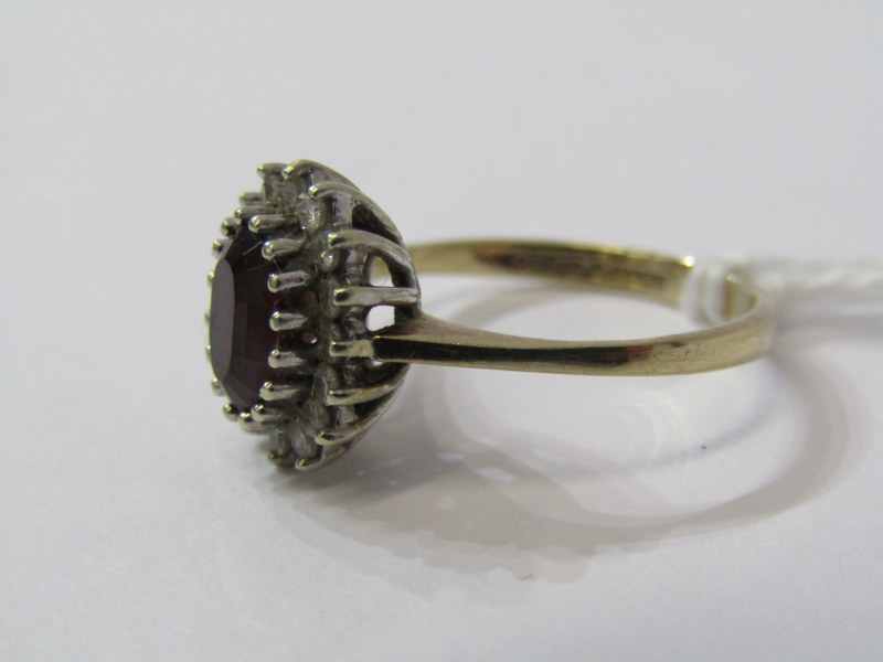 9ct YELLOW GOLD RED & WHITE STONE CLUSTER RING, principal oval cut red stone possibly garnet, - Image 4 of 6