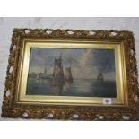 MARITIME, Watkin Lewis signed oil on canvas "Dutch Fishing Boats off Village Harbour", 7.5" x 13"