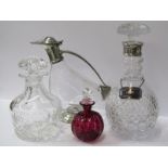 GLASSWARE, silver mounted cut glass decanter, 1 other cut glass decanter, ruby glass perfume