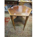 EDWARDIAN SATINWOOD CROSS BANDED OCCASIONAL TABLE, hexagonal 2 tier table with fretwork panels,