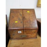 BURR WALNUT DESK CHEST,19th century walnut veneered slope front desk chest with calendar and letter