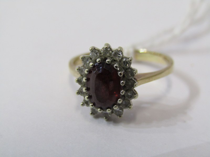 9ct YELLOW GOLD RED & WHITE STONE CLUSTER RING, principal oval cut red stone possibly garnet, - Image 2 of 6