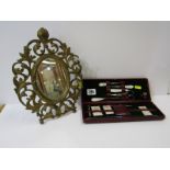 VANITY CASE, late Victorian leather cased vanity set with mother of pearl detail and thimble,