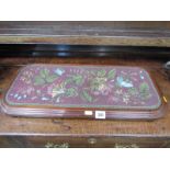VICTORIAN BEADWORK TEAPOT STAND, rectangular tray original floral beadwork, 23" width