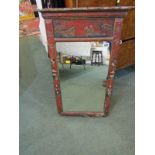 ANTIQUE JAPANNED, pier glass red ground chinoiserie decorated narrow pier glass, 27" x 17" width