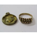 9ct YELLOW GOLD VINTAGE DURO KEEPER RING, approx. 6 grams, together with silver gilt fob, keeper