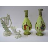 BELLEEK HARP, also Cornucopia posy vase; and pair of 19th century chinoiserie pottery spill vases