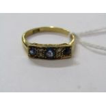 18ct YELLOW GOLD SAPPHIRE & DIAMOND ENGAGEMENT RING, 3 good colour blue Ceylon sapphire stones