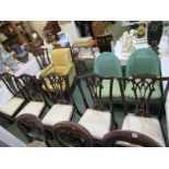 CHIPPENDALE DESIGN DINING CHAIRS, set of 6 carved mahogany pierced slat back dining chairs with