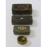 SNUFF BOXES, inlaid horn snuff box, also pseudo tortoiseshell papier mache snuff box and 2 others