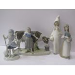 LLADRO, 2 figures of Girl with Piglet and Young Girl with shopping basket, also similar Milkmaid