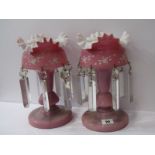 VICTORIAN GLASSWARE, pair of enamelled pink milk glass prism droplet lustres, 10" height (slight