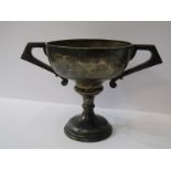 SILVER TROPHY CUP, twin handled circular pedestal base trophy cup, inscribed "London Table Tennis