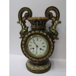 MAJOLICA MANTEL CLOCK, twin fish handled mantel clock, decorated in the Minton style, French bell