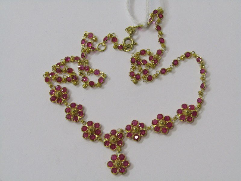 18ct YELLOW GOLD RUBY NECKLACE, unusual floral design 18ct yellow gold brilliant cut ruby set