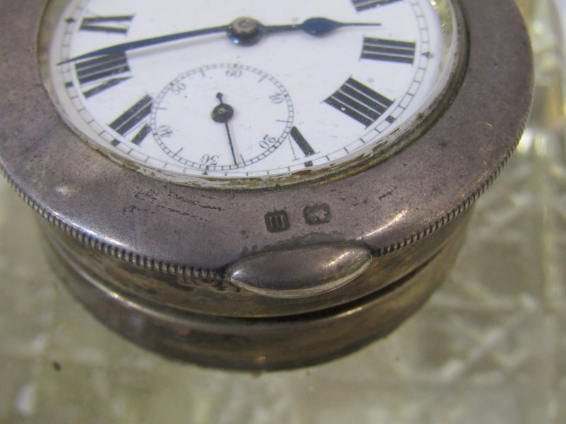 WATCH LIDDED CUT GLASS INK WELL, a novel silver mounted cut glass ink well with inset watch lid, - Image 6 of 10