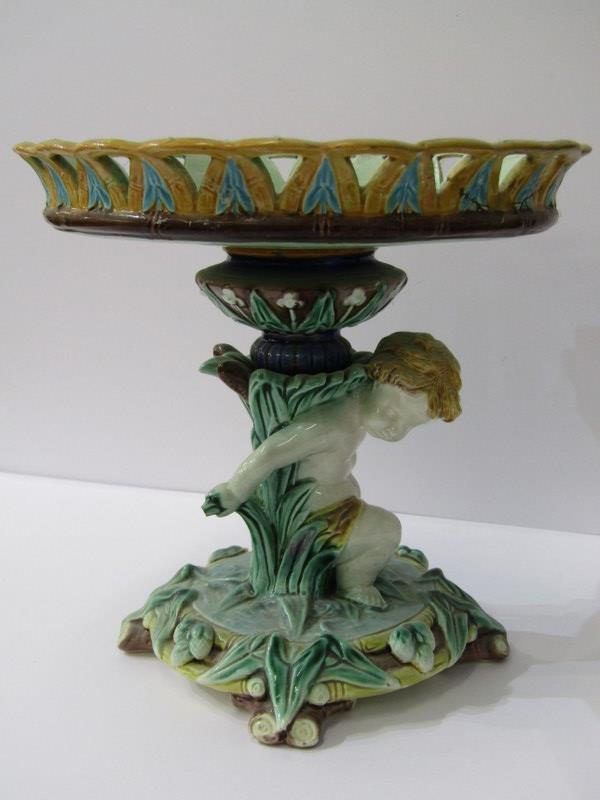 WEDGWOOD MAJOLICA, putti support base comport, 8.5" height (crude repaired rim) - Image 2 of 14