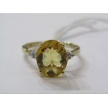 9ct YELLOW GOLD YELLOW CITRINE & DIAMOND RING, pricipal oval cut citrine in excess of 2ct, with