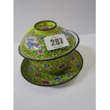 ORIENTAL ENAMEL, yellow ground lidded rice bowl and stand with pictorial reserve