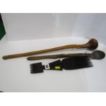 ETHNIC, carved ebony ornamental hair comb, also carved treen cooking ladle and club