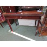 VICTORIAN MAHOGANY FOLD TOP TEA TABLE, single frieze drawer with tapering square section legs, 36"