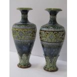 ROYAL DOULTON STONEWARE, pair of blue ground 10" inverted baluster vases with floral banding model