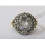 IMPRESSIVE 18ct YELLOW GOLD DIAMOND RING, principal old cushion cut diamond surrounded by further