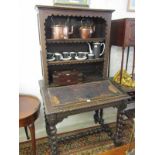 FLEMISH CARVED OAK BUREAU BOOKCASE, slope front barley twist stretcher base writing desk with