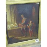 19th CENTURY ENGLISH SCHOOL, oil on board "Man and Boy in Crypt", 12.5" x 10.5"