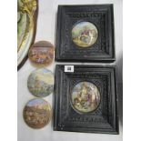 VICTORIAN POT LIDS, collection of 5 Pratt pot lids, pair in ornate plaster frames, including "I