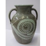 STUDIO POTTERY, William Fishley Holland twin handled 9.5" vase, decorated with stylised snail,