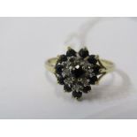 9ct YELLOW GOLD SAPPHIRE & DIAMOND CLUSTER RING, size P