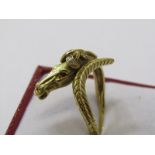18ct YELLOW GOLD DIAMOND & RUBY SET HORSE'S HEAD RING, very unusual design, size P/Q