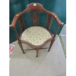 EDWARDIAN INLAID CORNER TUB ARMCHAIR, with fretwork side panels and X stretcher