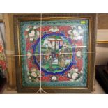 ORIENTAL ART, 19th century painted square panel with central reserve of Courtiers with inset ivory