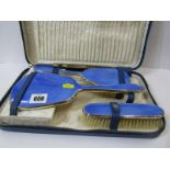 ENAMELLED DRESSING TABLE SET, original boxed 4 piece blue enamelled dressing table set